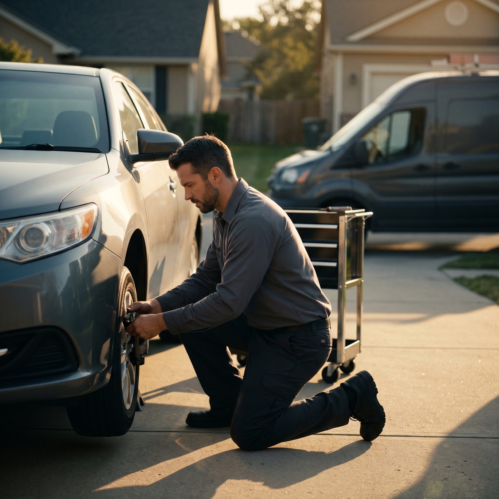 Jerimiah Rash, mobile mechanic, working on a car in a sunlit driveway